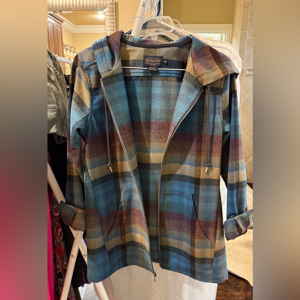 Pendleton Plaid Hooded Jacket Wool Blend Zip Up Blue Teal Burgundy XXS
